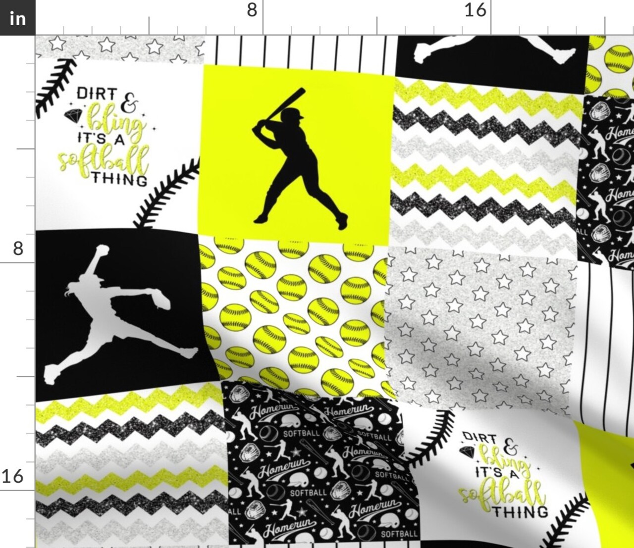 Softball Baseball Neon Yellow Black Womens Sports Girls Chevron Wholecloth Quilt Topper Cheater Custom Printed Fabric by Spoonflower Various Fabrics by the Yard or Fat Quarter